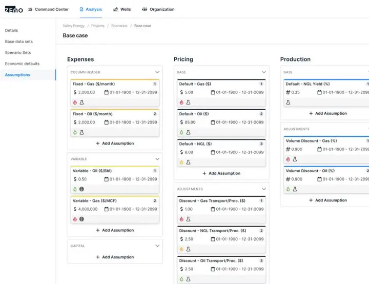 Analysis assumptions — pricing, expenses, and production inputs that feed scenarios and financial models.