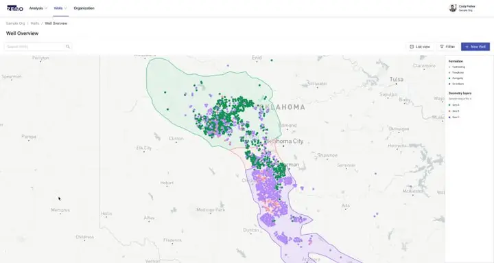 Well Overview — map of wells with formation layers and shapefile geometry, search and filters.