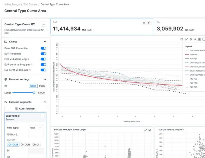 Type curves — interactive production forecasts over large well sets; drag segments and refit decline curves live.